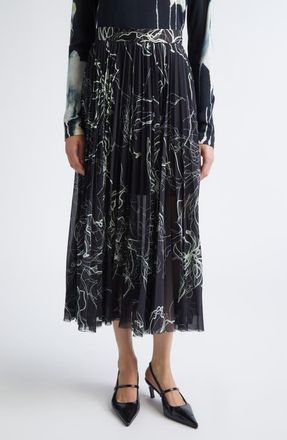 Jason Wu Pleated Scribble Floral Chiffon Midi Skirt in Black/Limoncello Multi at Nordstrom, Size 10