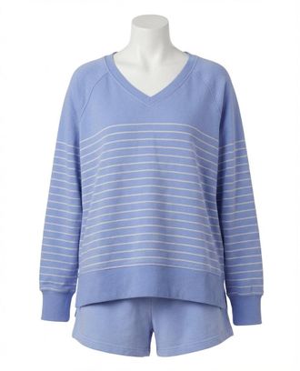 Z Supply Weekender Stripe V Neck Sweatshirt In Barcelona Blue