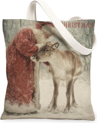 Generic Christmas Reindeer Canvas Tote Bags, Winter Animal Design Reusable Bags, Vintage Lightweight Washable Shoulder Strap Canvas, Red, 13x15 Inch