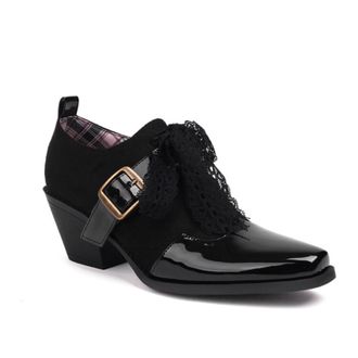 Generic Womens Square Toe Spring Shoes Floral Print Patent Leather Panel Lace Tie Buckle Strap Low Block Heel Cushioned Insole Anti-Slip Durable Sole,Black,3.