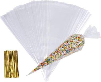 OEM Bolsas Para Dulces, 100 Bolsas De Pl&aacute;stico Transparentes En Forma De Cono Con 100 Cierres De Alambre, Empaque De Celof&aacute;n Para Dulces, Galletas, Recuer