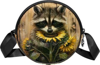 Generic Circle Crossbody Bag for Women, Sunflower Raccoon Small Sling Bag Daypack with Zipper Adjustable Shoulder Straps Casual Ladies Girls Round Purse