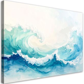 Feeby Cuadro Sobre Lienzo, Mar Y Olas Paisaje En Tonos Pastel Azul, 120x80