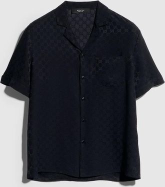 Gucci GG Silk Jacquard Bowling Shirt, Size 44, Blue