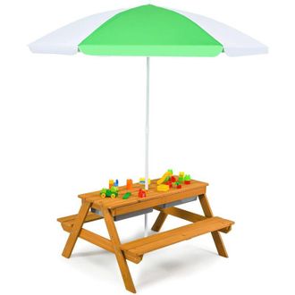 Costway Set Tavolo Picnic Bambini 3 in1 con Ombrellone Rimovibile e Regolabile, Tavolino con Piano Rimovibile, Tavolo con Panche in Legno per Bambini da