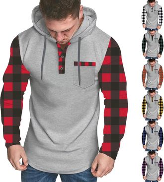Generic Hoodies for Men UK Patchwork Plaid Long Sleeve Drawstring Hooded Sweatshirt Mens Lightweight Hoodie with Pocket Casual Pullover Tops Fall Clothing Plu