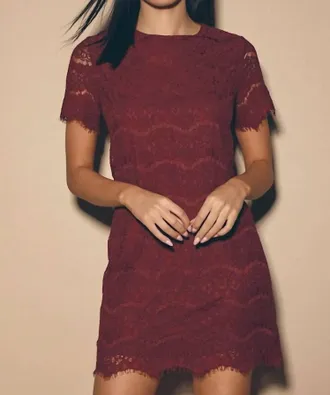 Lulus Womens Take Me To Brunch Lace Shift Dress In Burgundy