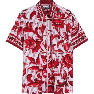 Dolce & Gabbana Stripe Majolica Print Button-Up Shirt in Maiolica 6 Rubino at Nordstrom, Size 42