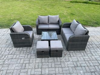 Fimous 6 Piece Garden Furniture Sets 6 Seater Outdoor Patio Furniture Set Weaving Wicker Rattan Sofa Chair & Table with Footstools in Dark Grey