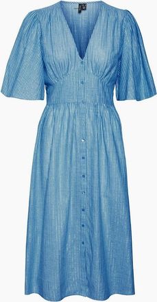 Vero Moda Womens Ines Lurex V-Neck Midi A-Line Dress - Blue - Size: 8