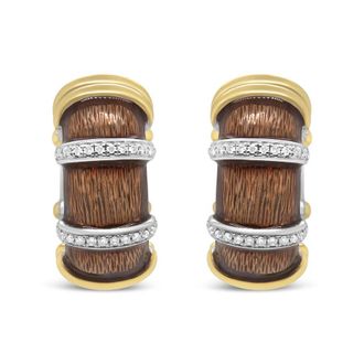House of Brilliance 18K Yellow and White Gold Flash Plated.925 Sterling Silver Clear Brown Enamel 9/10 Cttw Diamonds Huggie Hoop Earrings (F-G Color, VS1-VS2 Clarity)