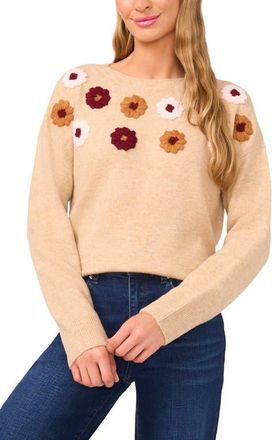 CeCe by Cynthia Steffe Embroidered Flower Sweater in Sandy Heather at Nordstrom, Size Xx-Large