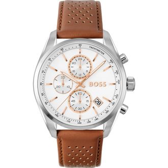 BOSS Grand Prix Chronograph Leather Strap Watch, 44mm in White at Nordstrom