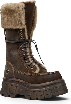 Windsor Smith Womens Brown Suede Leather Platform Combat Fur Boots - Saintly
