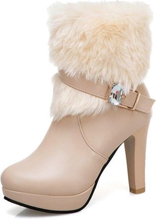 Generic Womens Side Zipper Winter Warm Plush Lined Platform High Heel Ankle Snow Boots with Rhinestones Buckle Strap (7.5,Beige)