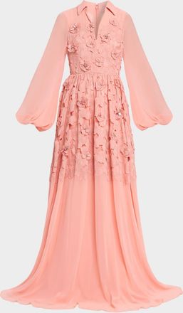 Badgley Mischka Blouson-Sleeve Floral Lace Georgette Gown