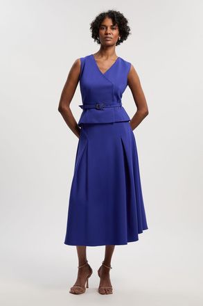 Karen Millen Womens Compact Essential Belted Tailored Full Midi Dress - Blue - Size 12 UK