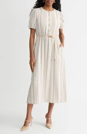 Kasper Stripe Short Sleeve Belted Shirtdress in Toasted Wheat Multi at Nordstrom, Size X-Large P