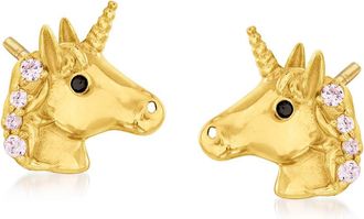 Ross-Simons Childs Pink and Black Cz-Accented Tiny Unicorn Stud Earrings in 14kt Yellow Gold