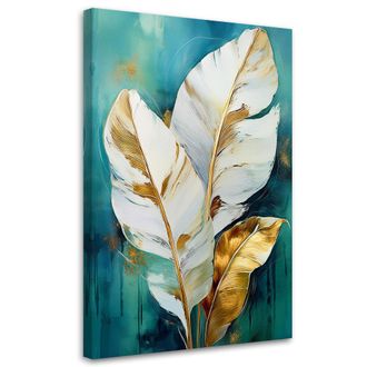 Artgeist Quadro Su Tela, Foglie Bianche E Oro Su Sfondo Turchese - 80x120
