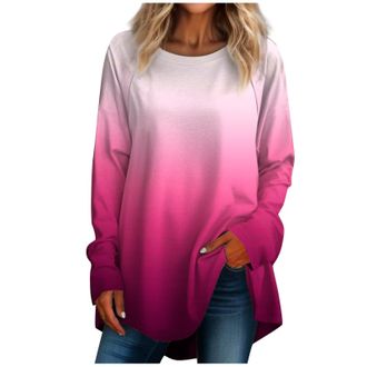Generic Long Cardigans UK, Winter Tops Tunic Womens Casual Plus Size Long Sleeved Round Neck Gradient Printing T-Shirt Top Pullover Sweatshirts (Hot Pink, 3XL