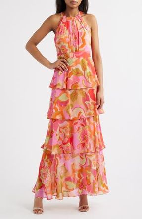 Eliza J Floral Print Tiered Ruffle Sleeveless Maxi Dress in Multi Pink at Nordstrom Rack, Size 12
