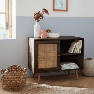 Sweeek Aparador escandinavo efecto madera y ca&ntilde;a con 1 puerta, 80cm, madera