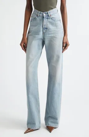Saint Laurent Long V-Waist Denim Wide Leg Jeans in Michigan Blue at Nordstrom, Size 26