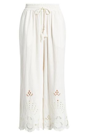 Treasure & Bond Cutwork Hem Linen Blend Pull-On Pants in Ivory Egret at Nordstrom, Size Xx-Small