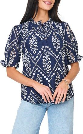 Gibsonlook Dianthus Puff Sleeve Cotton Top in Navy Eyelet at Nordstrom, Size Xx-Small