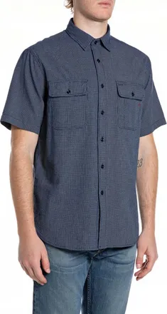 Replay Overhemden, Heren, Blauw, XL, Katoen, Indigo Micro Check Shirt