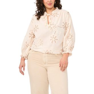 Vince Camuto Flower Appliqu&eacute; Tie Neck Top in New Ivory at Nordstrom, Size 3 X