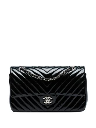 Chanel Borsa a spalla Classic Double Flap media con finitura lucida e motivo chevron 2015-2016 - Blu