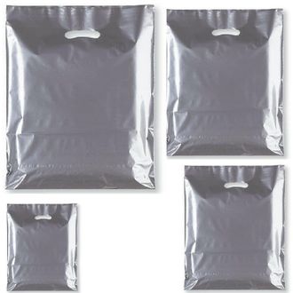 Generic 100x HEAVY DUTY STRONG COLOREDFULL PLASTIC CARRIER PATCH HANDLE BAGS, PARTY, BOUTIQUE GIFT BAGS, (Medium 15 x 18, Silver)