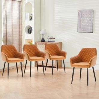 Ainpecca Dining Chairs 4pcs Velvet Kitchen Chairs Upholstered Seat with Backrest and Armrest Office chair, Orange