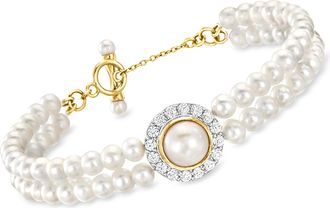 Ross-Simons 3-8.5mm Cultured Pearl and White Zircon Bracelet in 18kt Gold Over Sterling