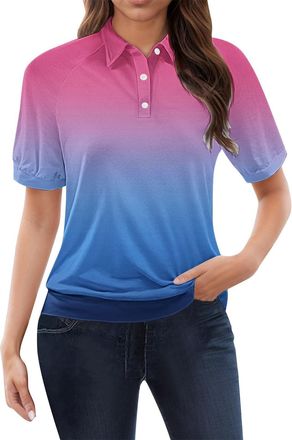 Generic Polo T Shirts for Women UK Short Sleeve Button Down Casual Work Tops Cozy Lady Golf Tees Summer Sport Tennis Collared T-Shirt (Z04-Blue, L)