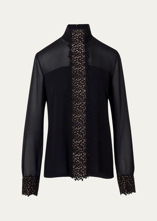 Akris Mock-Neck Lace Inset Long-Sleeve Blouse