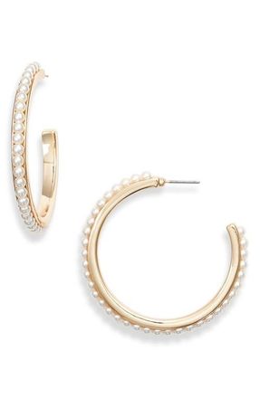 Rachel Parcell Imitation Pearl Hoop Earrings in White- Gold at Nordstrom