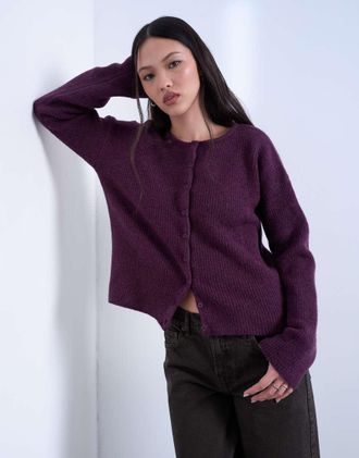 Topshop Cardigan semplice vestibilit&agrave; comoda in maglia color prugna a coste-Rosso