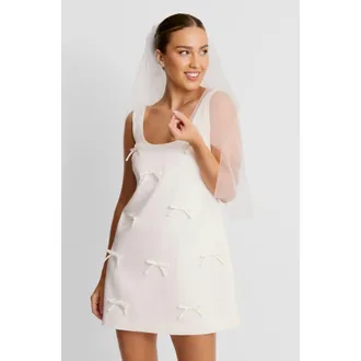 Six Stories Scoop Neck Bow Detail Mini Dress in White at Nordstrom, Size 12