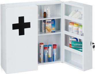 Relaxdays Armario Botiqu&iacute;n Grande Con Cerradura, 11 Compartimentos, Acero, 53,5x53x19 Cm, 2 Puertas, Blanco Y Negro - Relaxdays