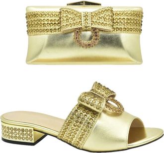 Generic Womens Low Heels Slip On Sandals and Handbag Matching Set Rhinestone Bow Decorated for Wedding Bride Party