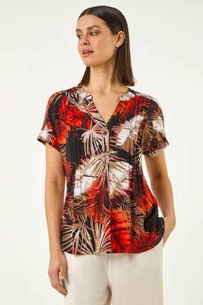 Roman Leaf Print Pintuck Stretch Top
