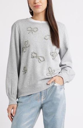 Caslon Crystal Bow Embellished Sweatshirt in Grey Heather Bow Embellishment at Nordstrom Rack, Size Xx-Small