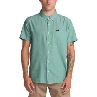Rvca Thatll Do Slim Fit Solid Short Sleeve Cotton Button-Down Shirt in Bottle Green at Nordstrom, Size Xx-Large