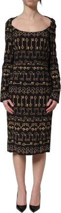 Dolce & Gabbana Womens Black Key Print Long Sleeves Sheath Midi Dress Viscose