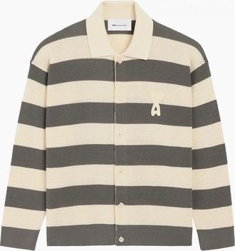 Ami Mens Ajoure Striped Cotton Knit Cream - Size: 38/Regular