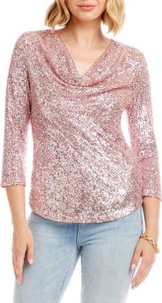 Karen Kane Sequin Drape Neck Top in Pink at Nordstrom, Size X-Small