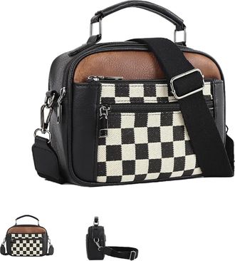 Generic Check Colorblock Crossbody Bag Womens Multifunctional Quilted Check Crossbody Bag Colorblock Leather Handbag (Black)